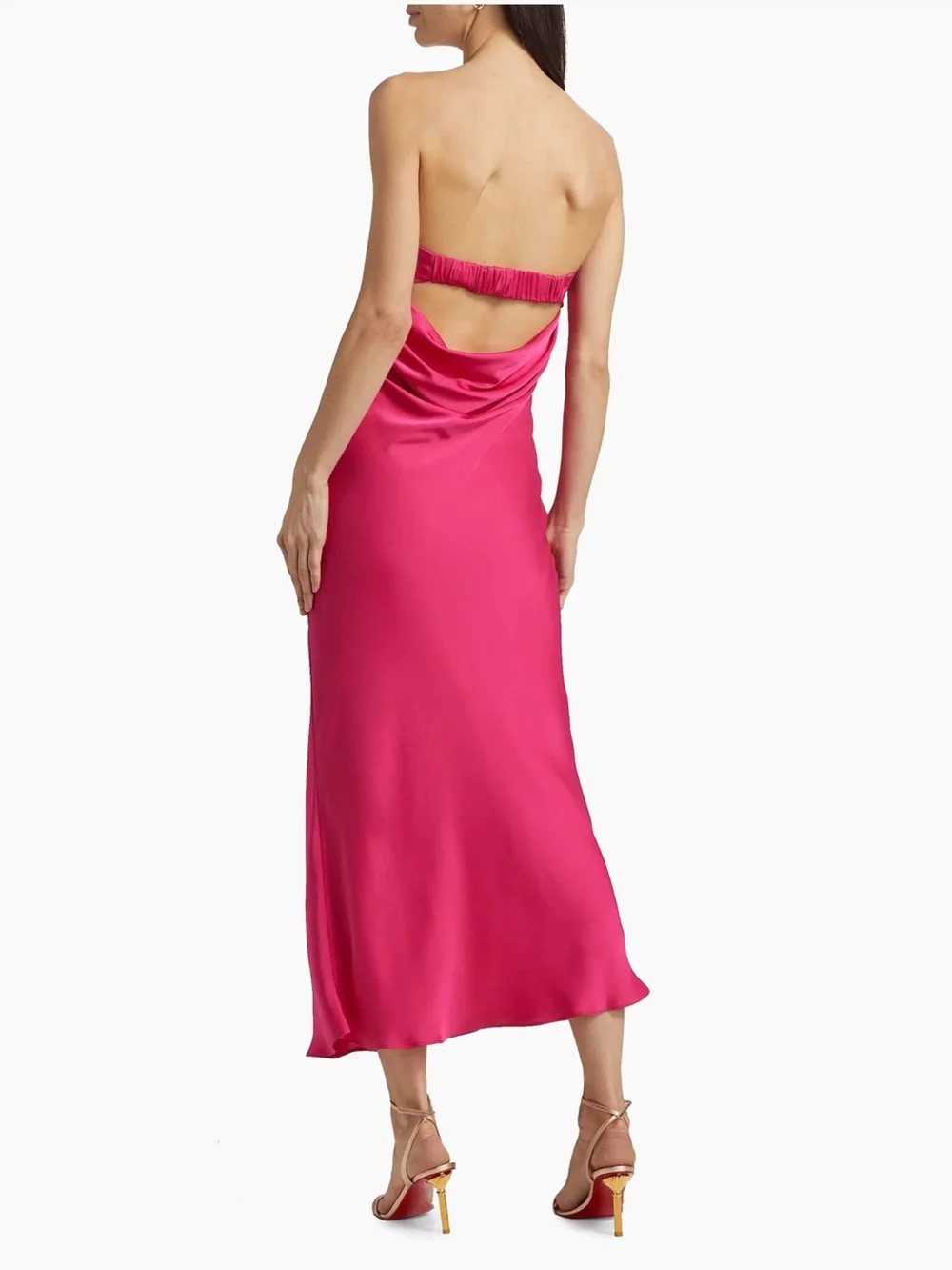 Ramy Brook Strapless Satin Midi Dress in Hot Pink